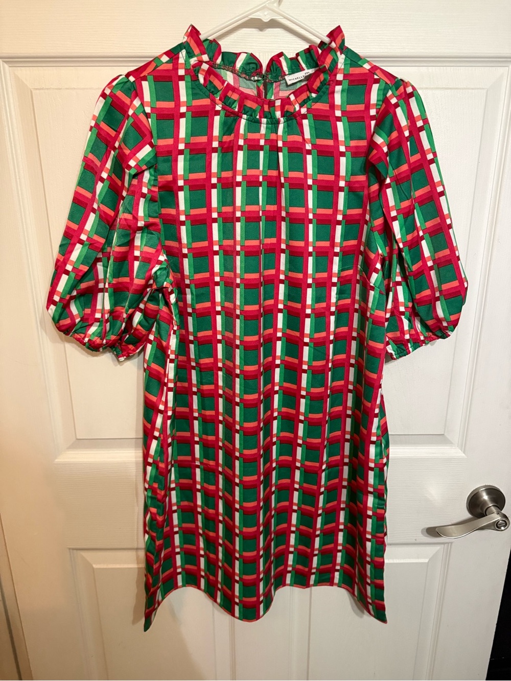 Michelle McDowell Libby Dress Plaid Ruffled Neck Midi Dress in Green & Red/pink